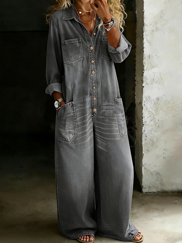 Women's Solid Color Cozy Casual Cotton Denim Jumpsuit