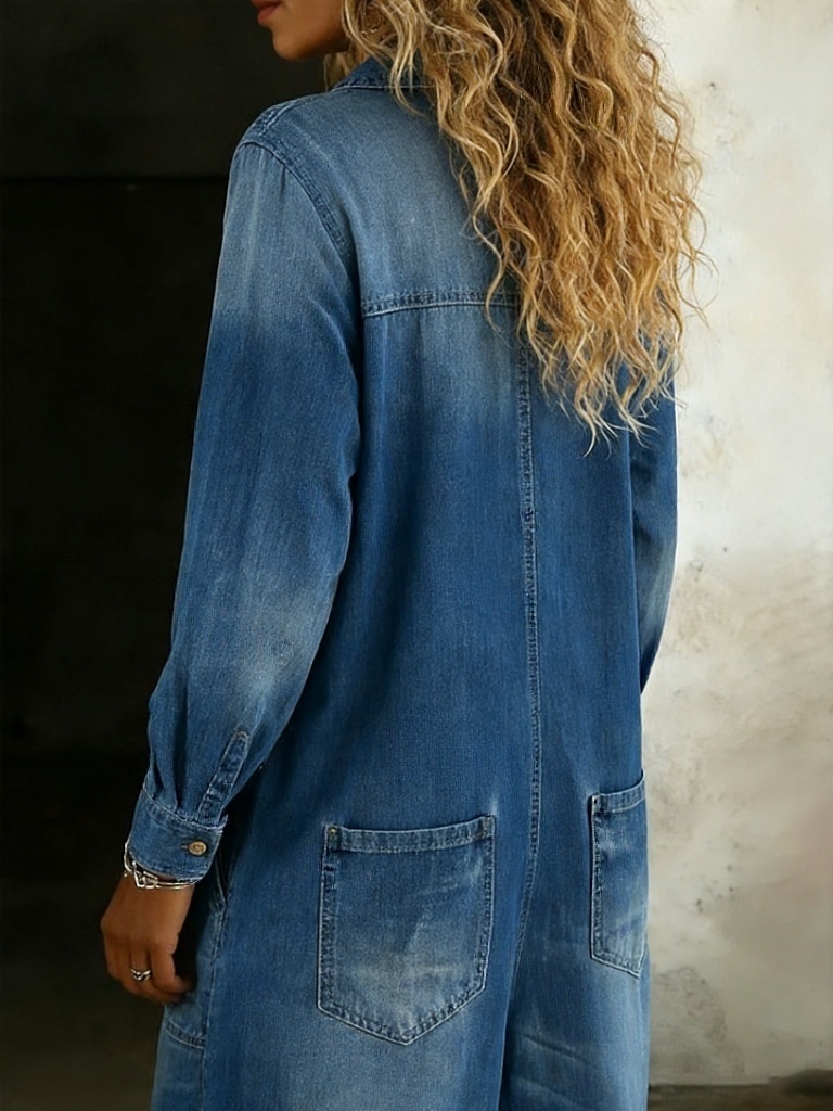 Women's Solid Color Cozy Casual Cotton Denim Jumpsuit