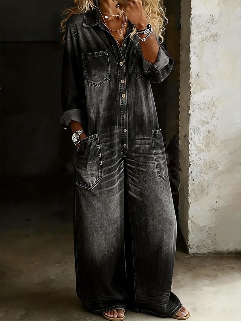Women's Solid Color Cozy Casual Cotton Denim Jumpsuit