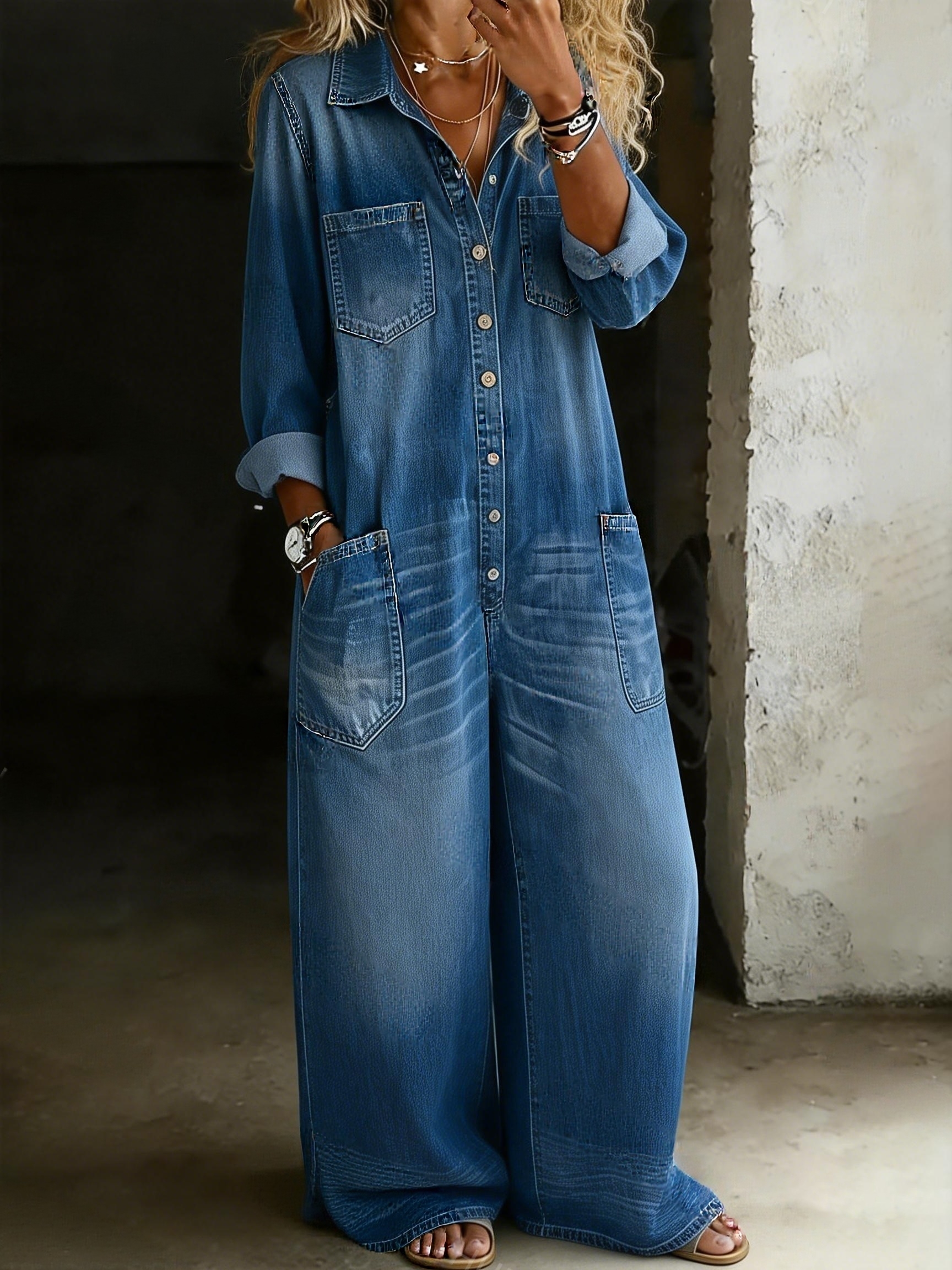 Women's Solid Color Cozy Casual Cotton Denim Jumpsuit