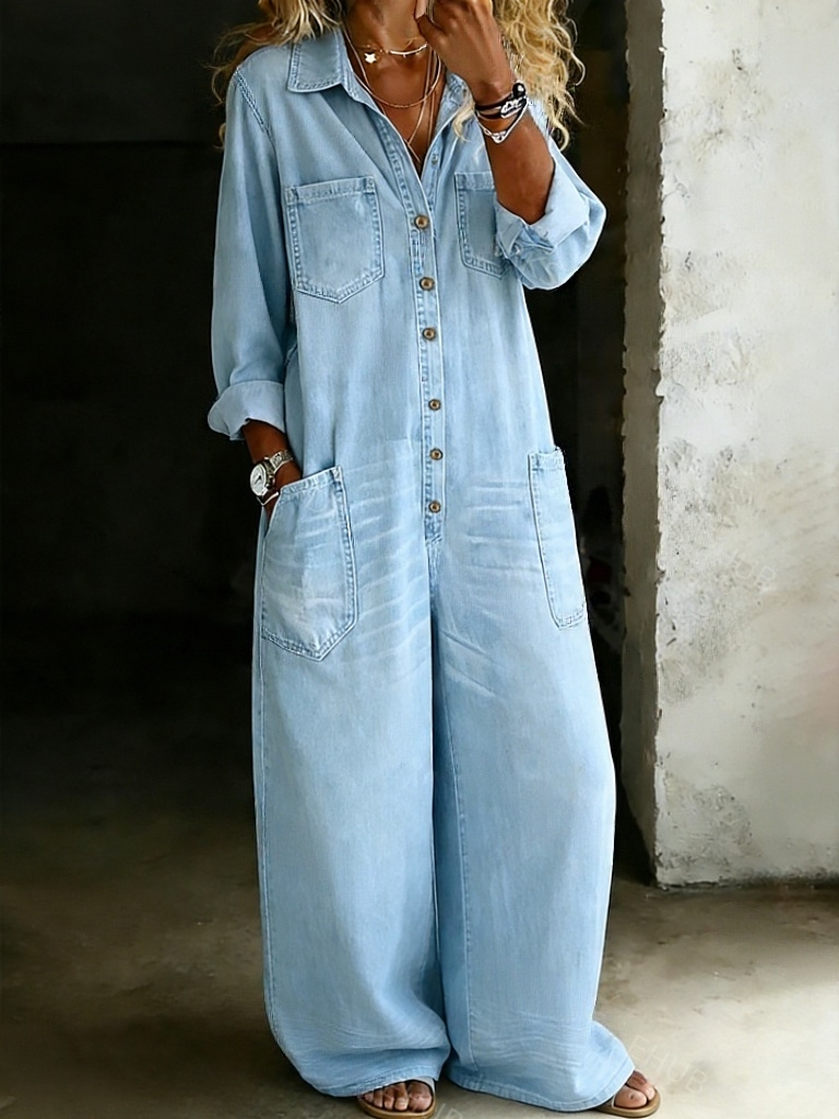 Women's Solid Color Cozy Casual Cotton Denim Jumpsuit