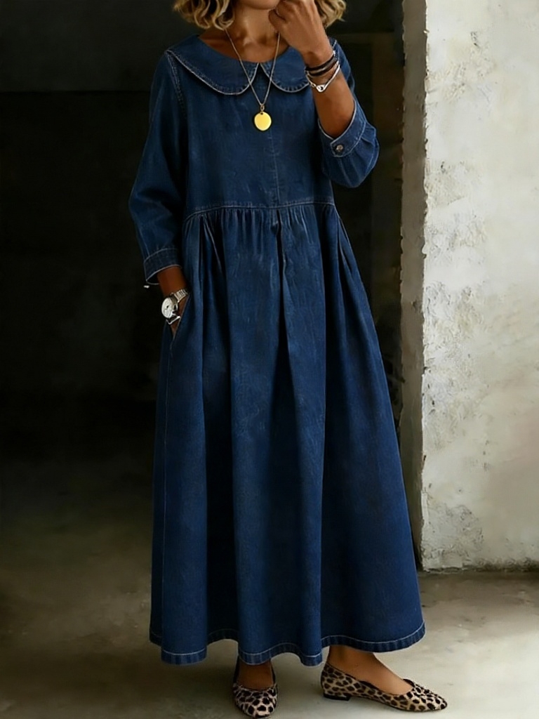 Women's Solid Color Peter Pan Collar Long-sleeved Casual Loose Denim Dress