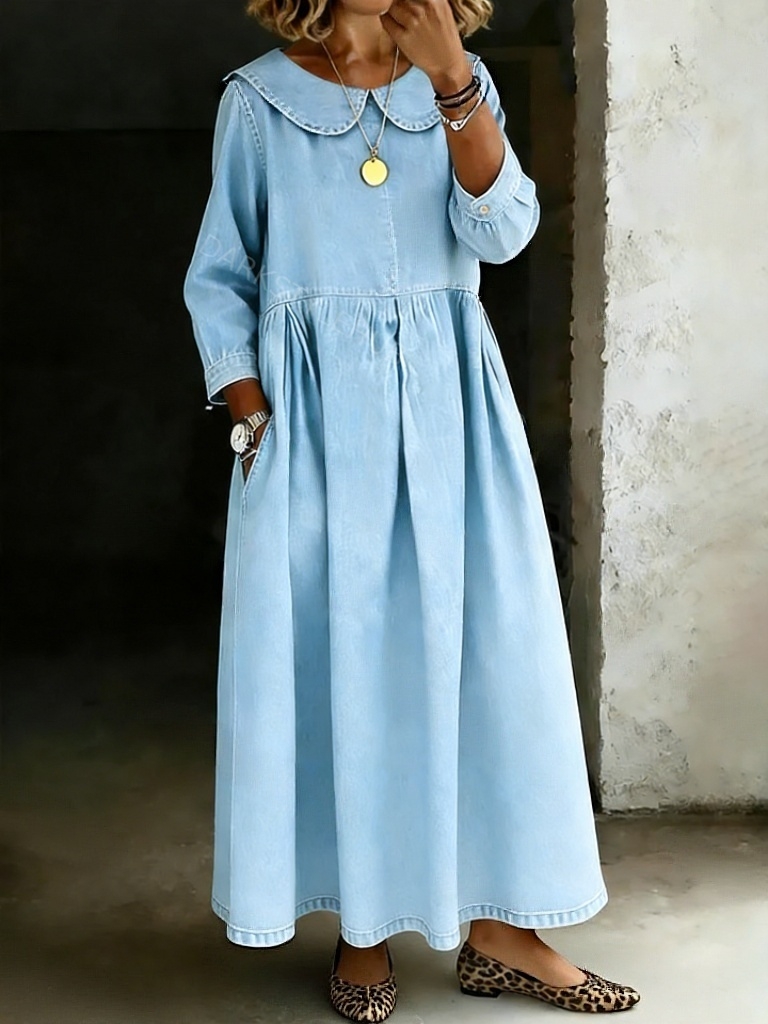 Women's Solid Color Peter Pan Collar Long-sleeved Casual Loose Denim Dress