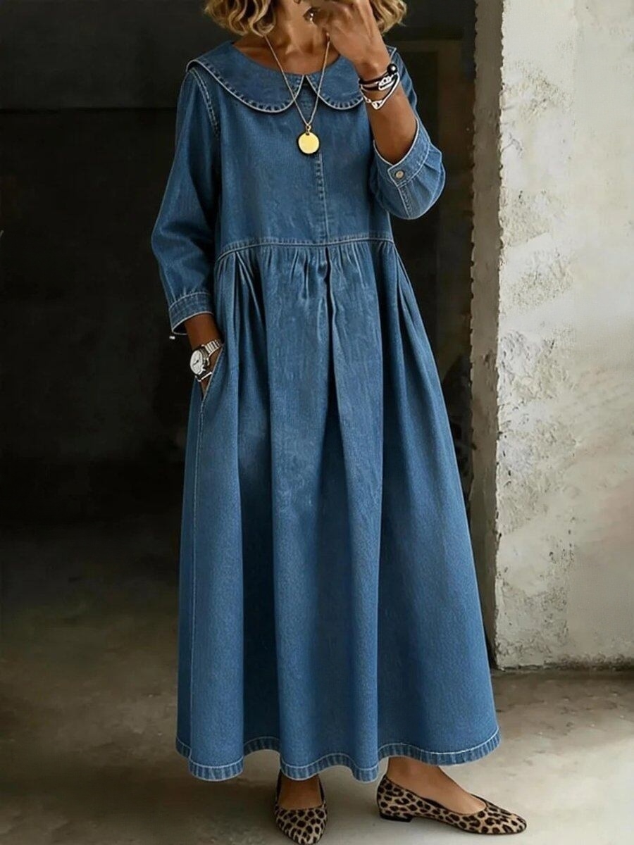Women's Solid Color Peter Pan Collar Long-sleeved Casual Loose Denim Dress