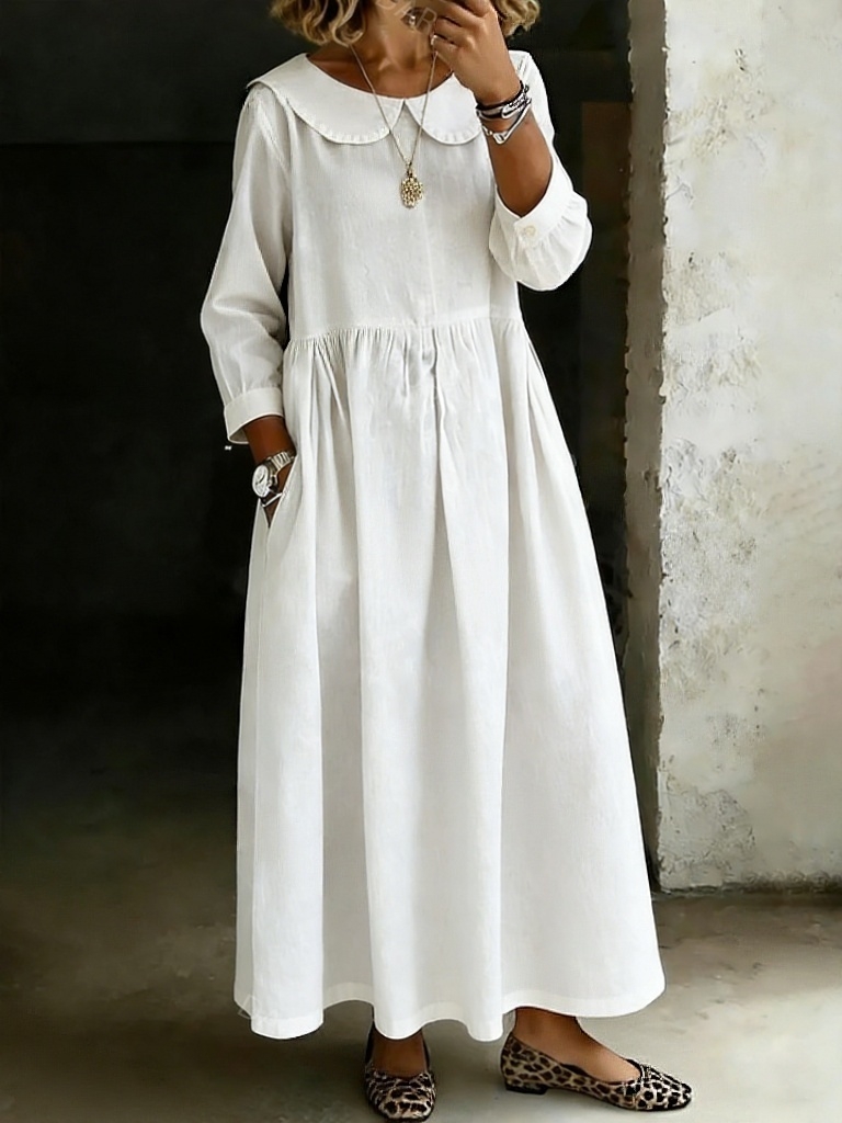 Women's Solid Color Peter Pan Collar Long-sleeved Casual Loose Denim Dress