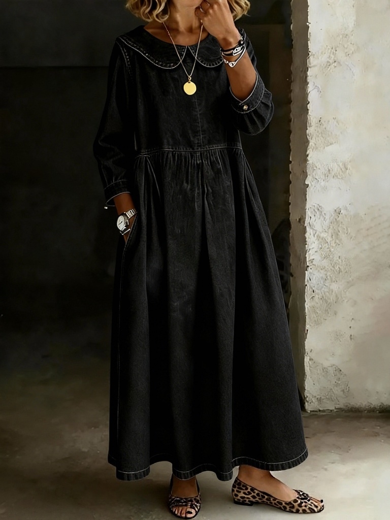 Women's Solid Color Peter Pan Collar Long-sleeved Casual Loose Denim Dress