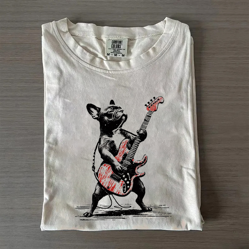 Vintage Rocker French Bulldog Guitar T-shirt