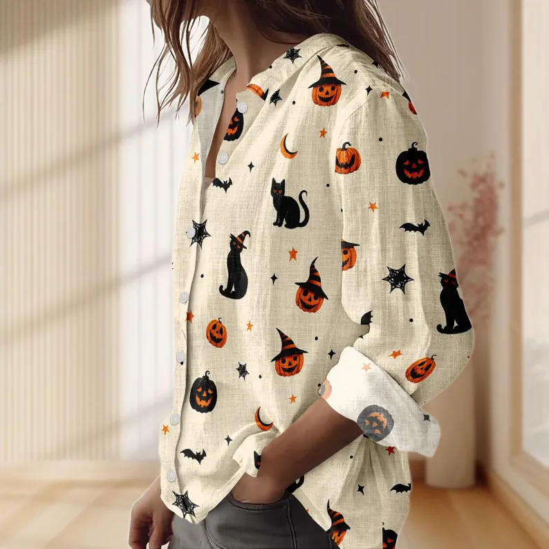Black Cat Pumpkin Linen Casual Shirt