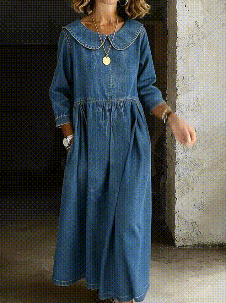 Women's Solid Color Peter Pan Collar Long-sleeved Casual Loose Denim Dress