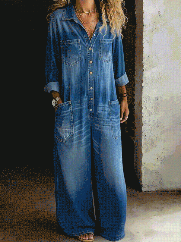 Women's Solid Color Cozy Casual Cotton Denim Jumpsuit
