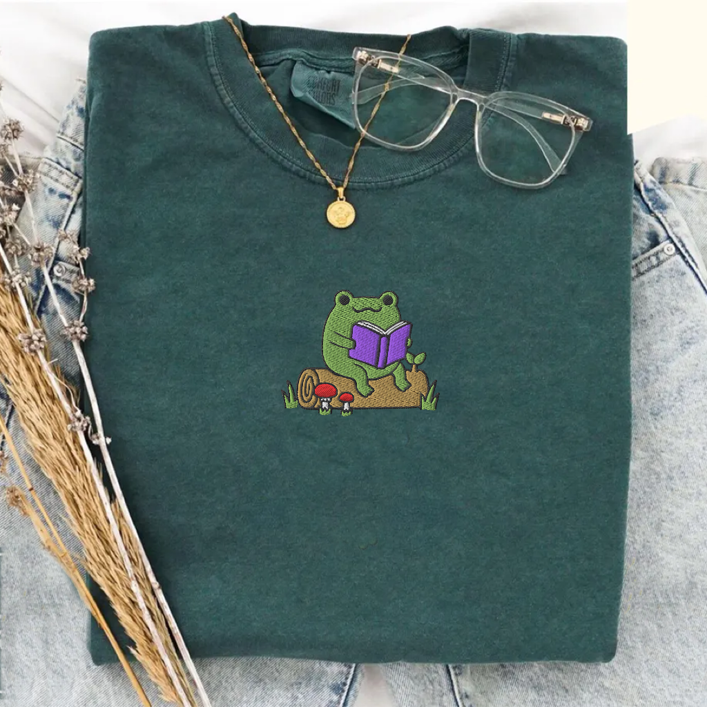 Frog Reading On A Log Embroidered T-shirt