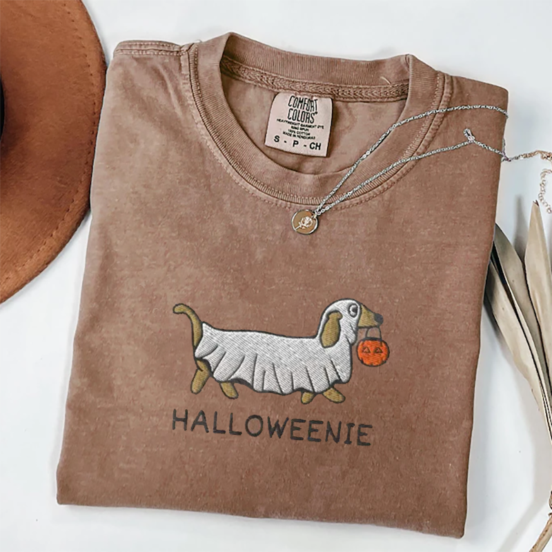 Embroidered Dachshund Halloween Ghost T-shirt