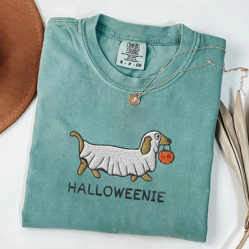 Embroidered Dachshund Halloween Ghost T-shirt