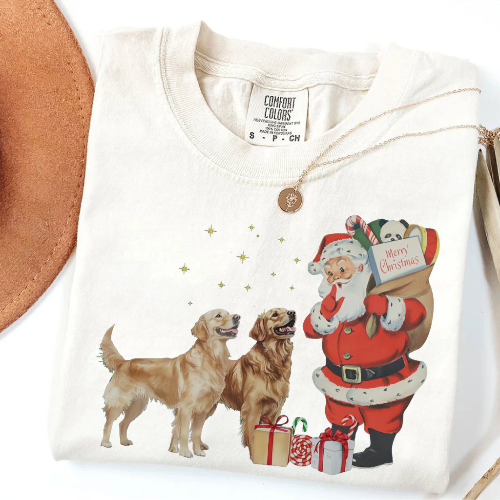 Vintage Golden Retriever Santa Christmas T-shirt