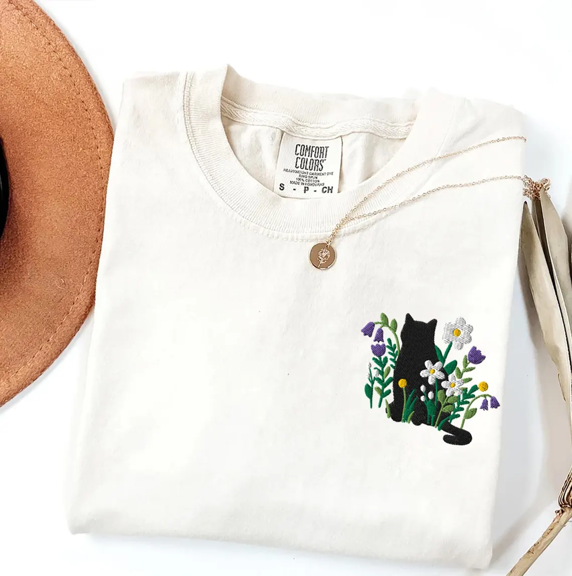 Embroidered Black Cat Cottagecore T-shirt