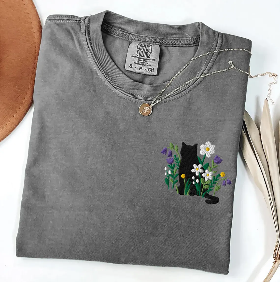 Embroidered Black Cat Cottagecore T-shirt