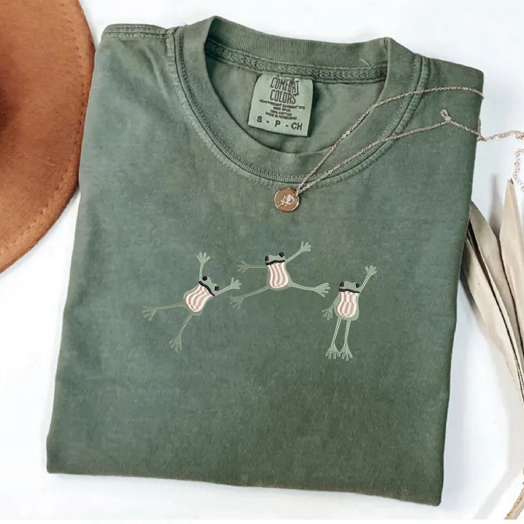 Comfort Colors Embroidered Funny Frog T-Shirt