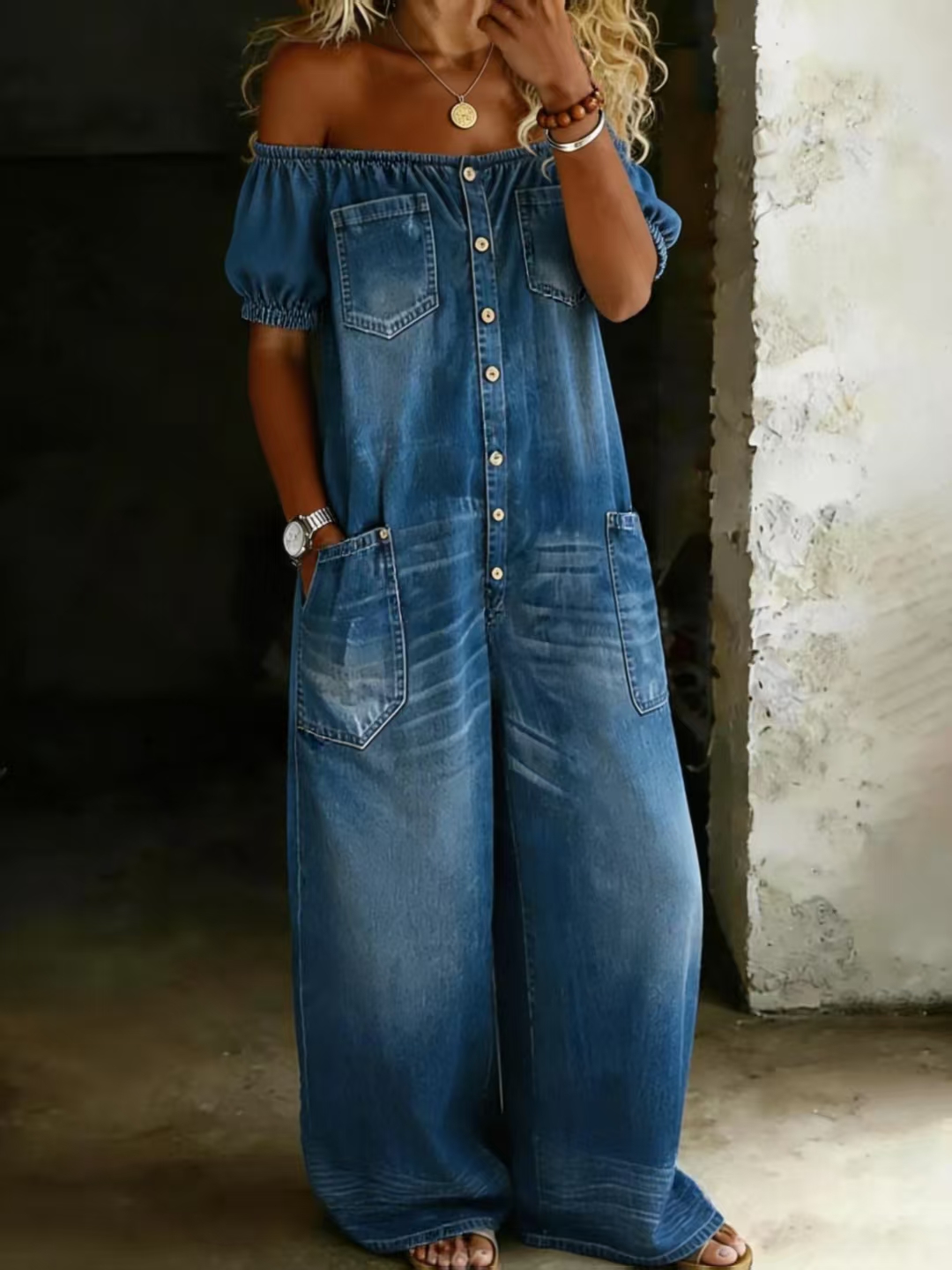 Women’s Fashion Vintage Off-shoulder Short Sleeve Jumpsuit