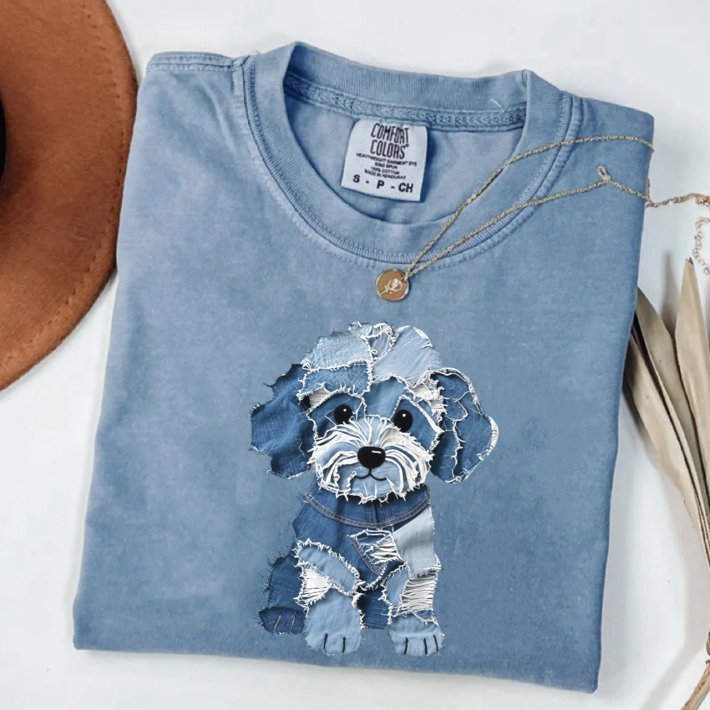 Cute Dog Denim Patchwork Art Shirt