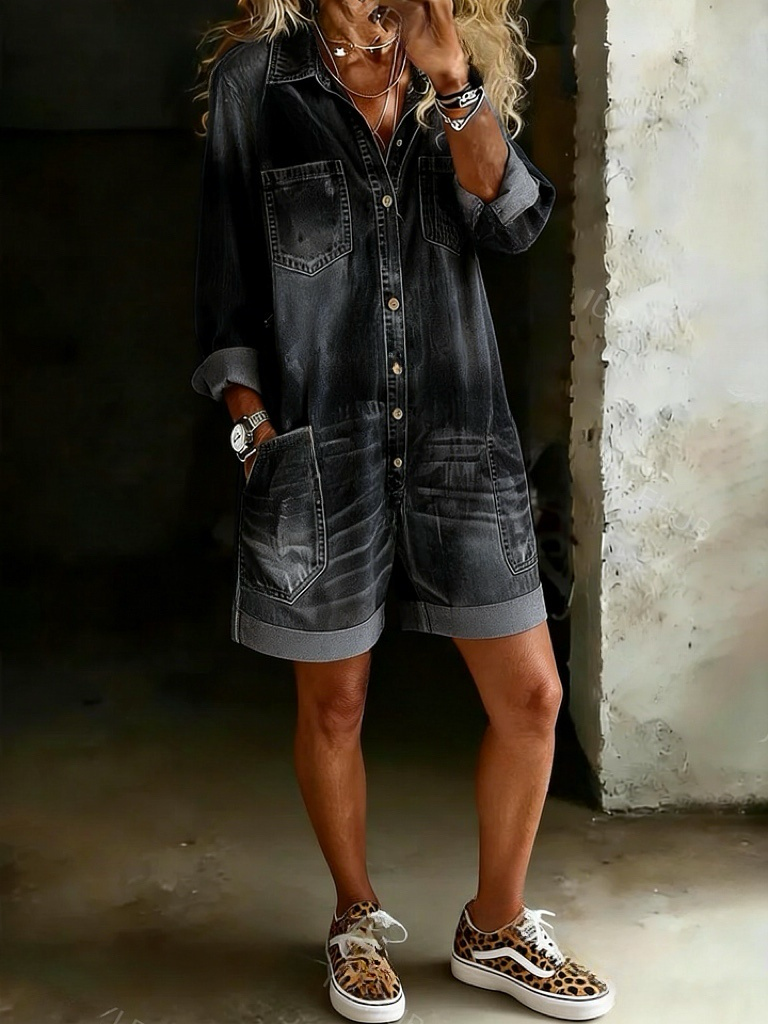 Women's Solid Color Casual Cotton Denim Jumpsuit Shorts