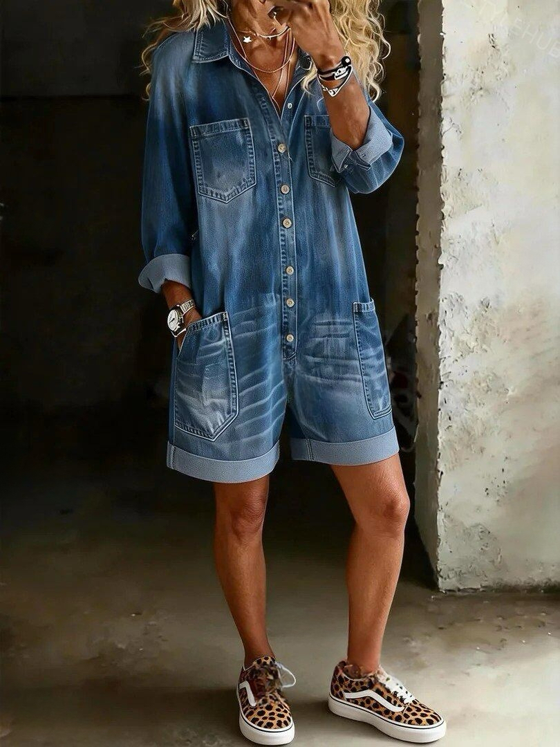 Women's Solid Color Casual Cotton Denim Jumpsuit Shorts