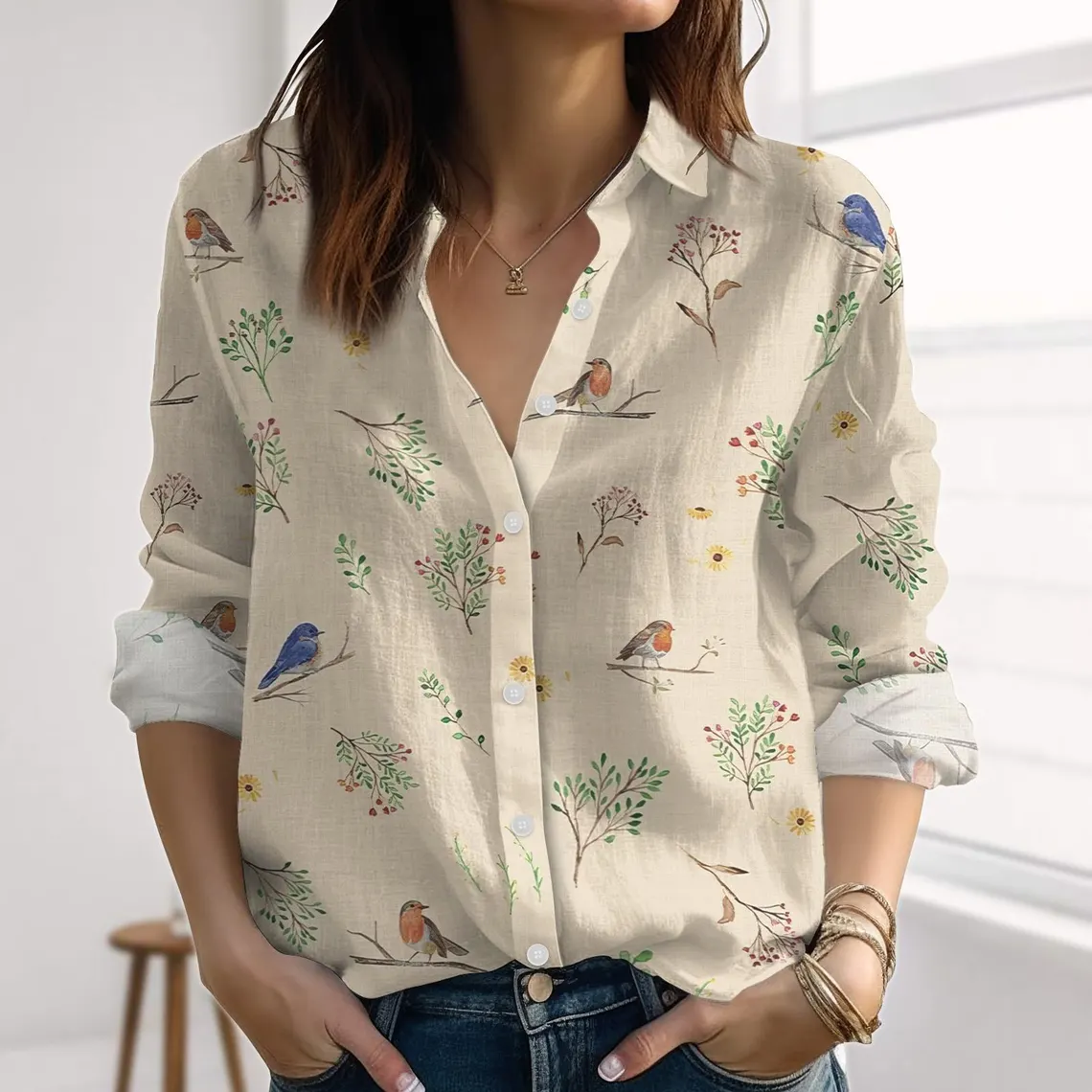 Birds Garden Linen-Look Shirt