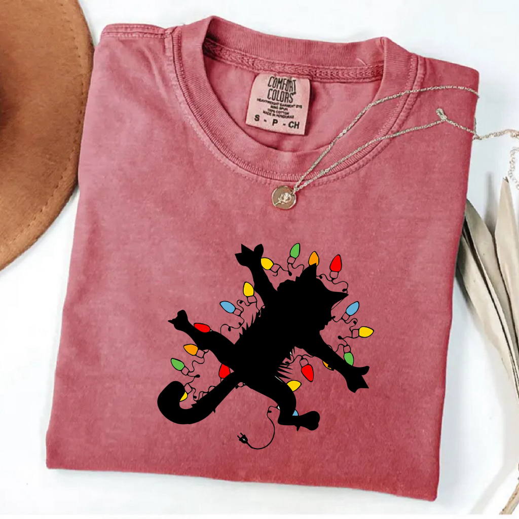 Comfort Color Cat With Christmas Lights T-shirt
