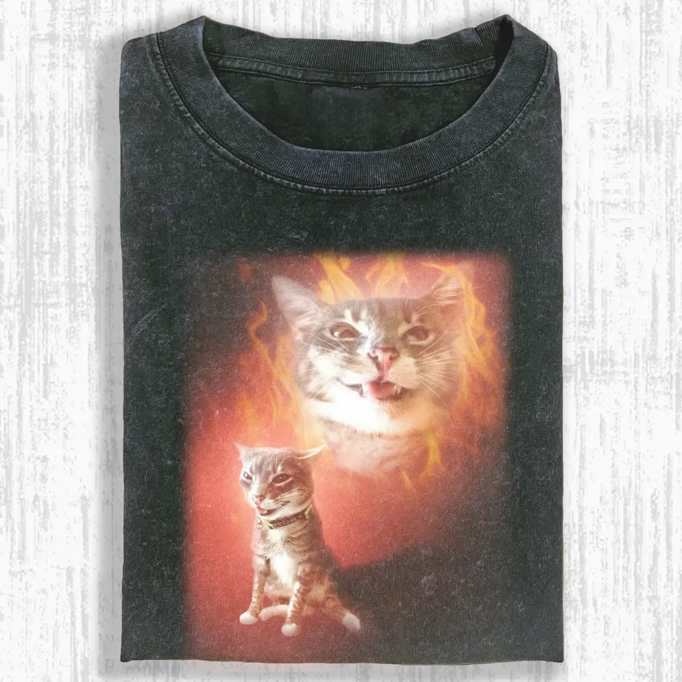 Cat with Fire Background Funny Portrait Graphic T-shirt