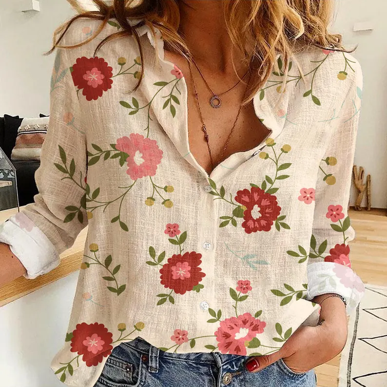  Floral Flower Women's Linen Casual Shirt