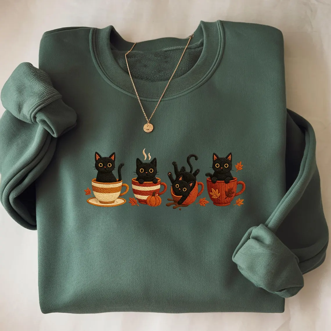 Embroidered Halloween Black Cat Sweatshirt