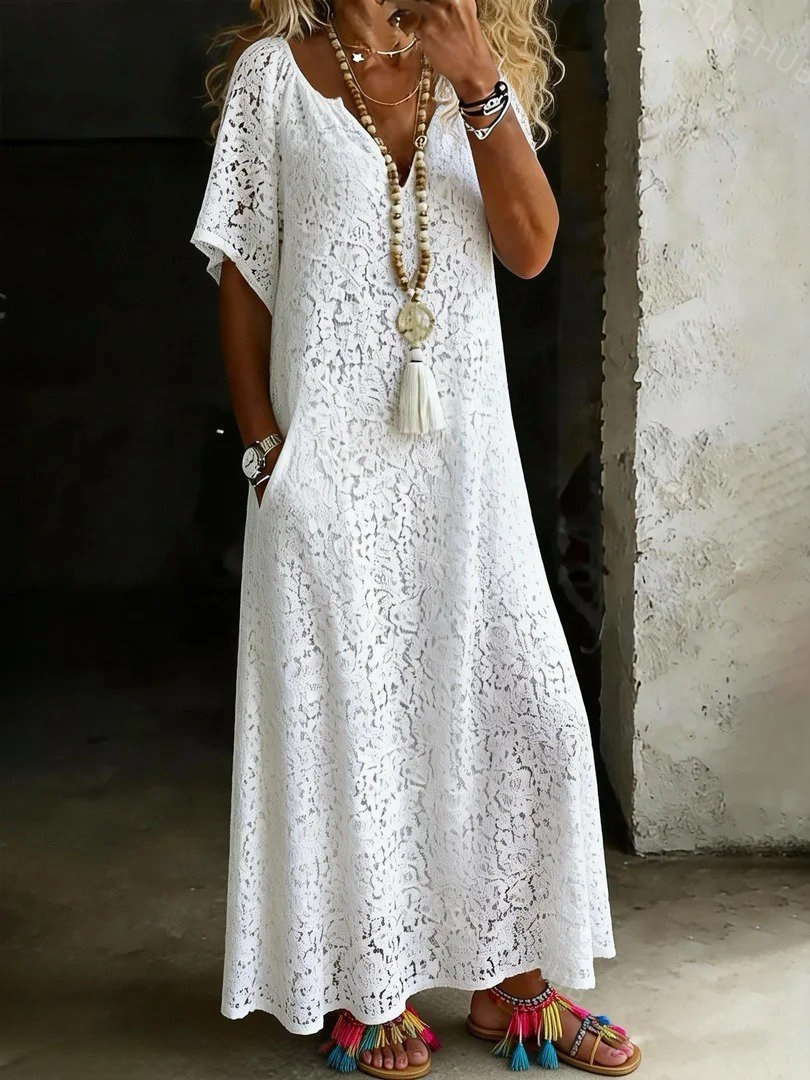 Women's Long-sleeved Casual Lace Cotton and Linen Dress