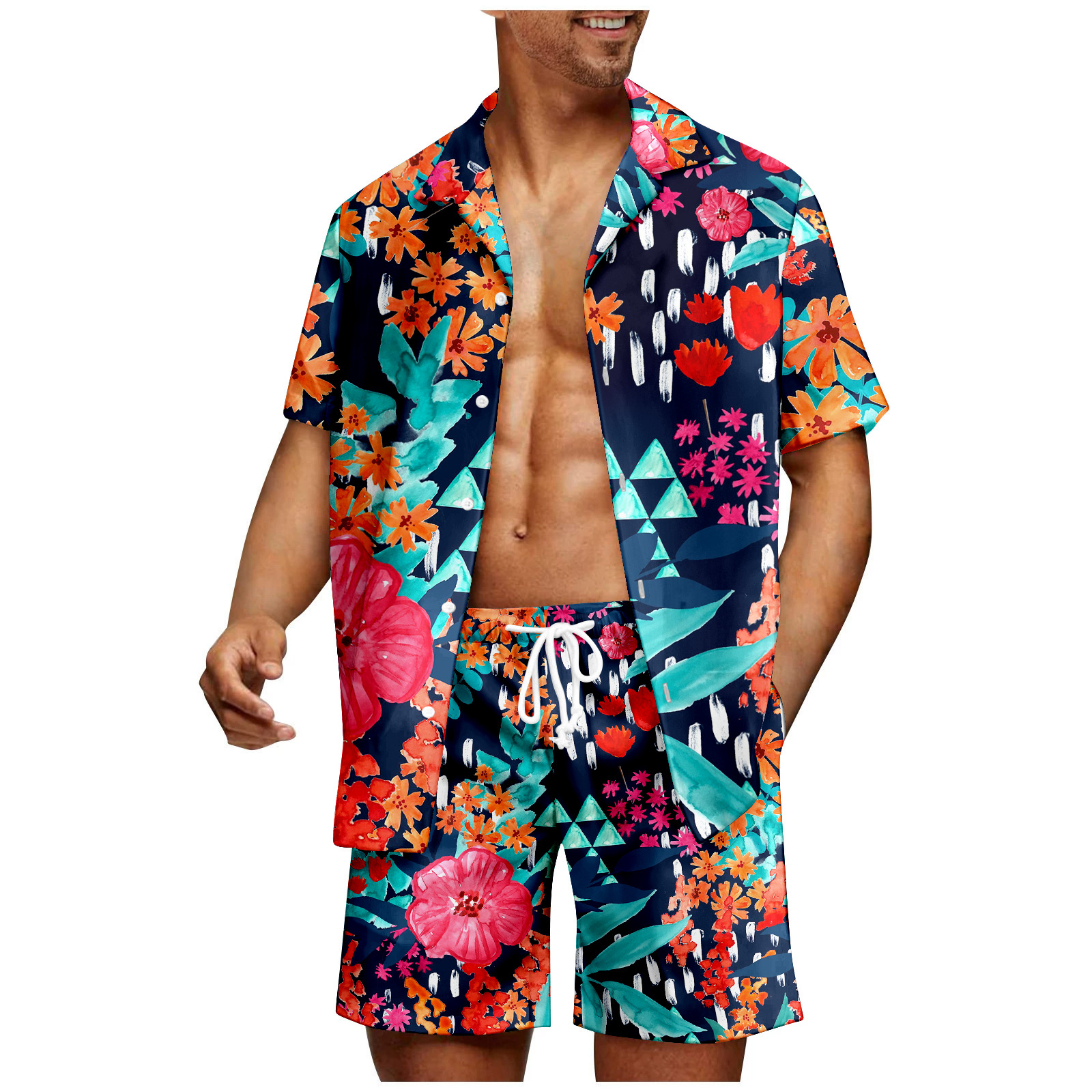 Men's Plant Print Hawaii Shirt Set