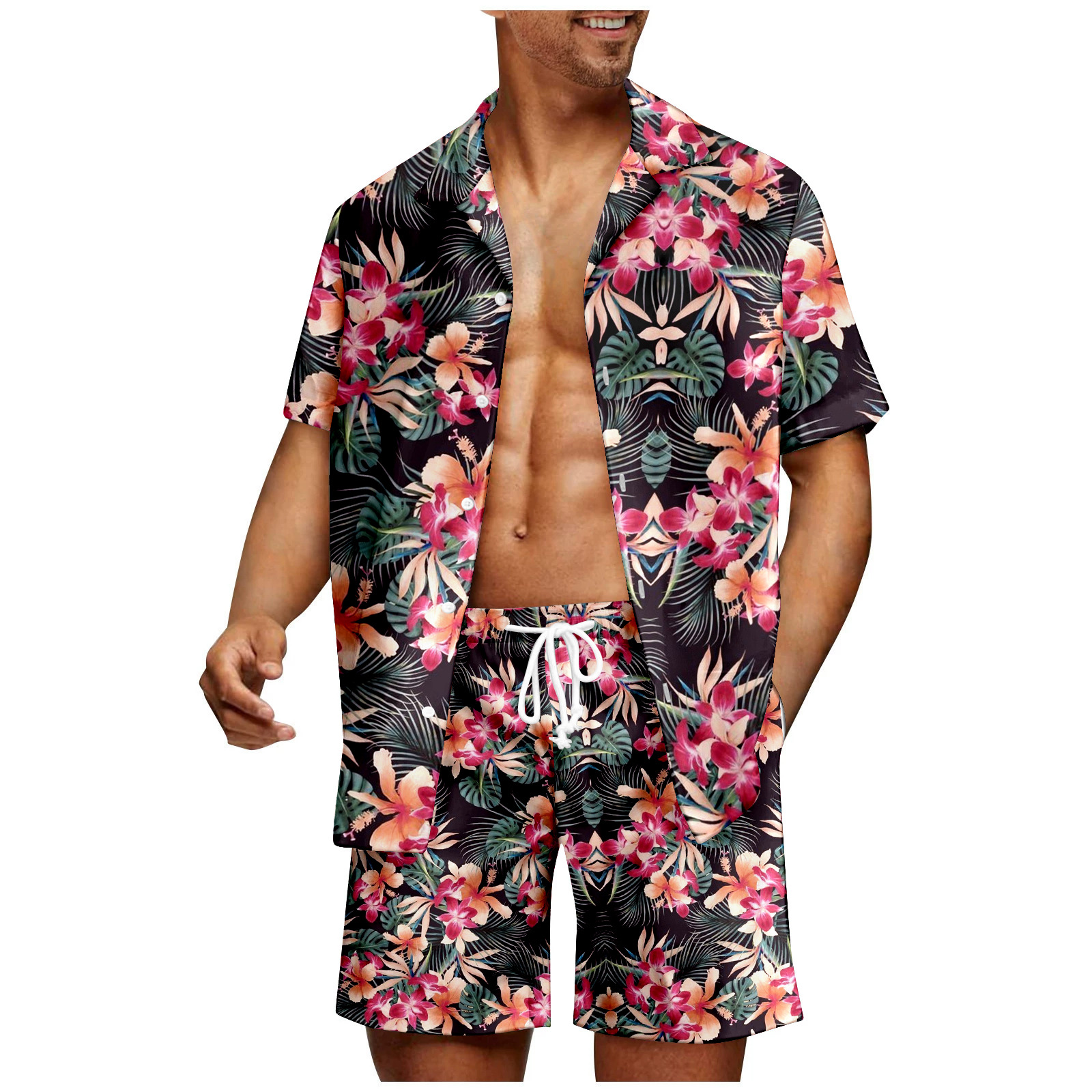 Men's Plant Print Hawaii Shirt Set