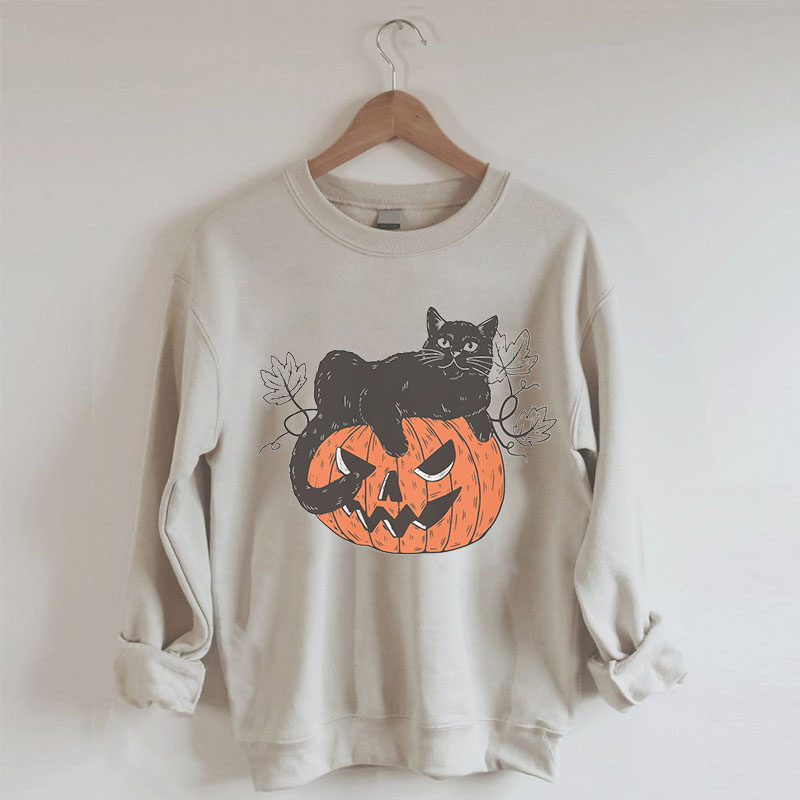 Black Cat on Pumpkin Sweatshirt-Lulueye