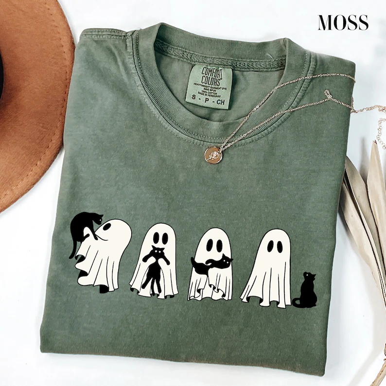 Halloween Black Cat & Ghost Comfort Colors Shirt