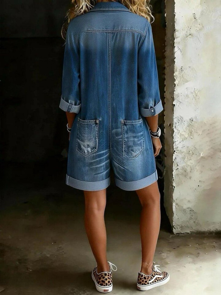 Women's Solid Color Casual Cotton Denim Jumpsuit Shorts
