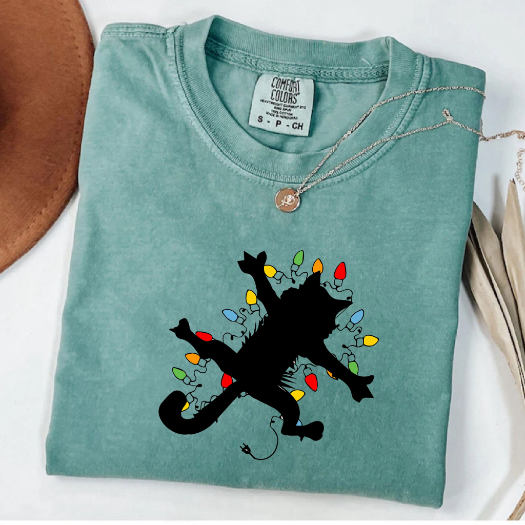 Comfort Color Cat With Christmas Lights T-shirt