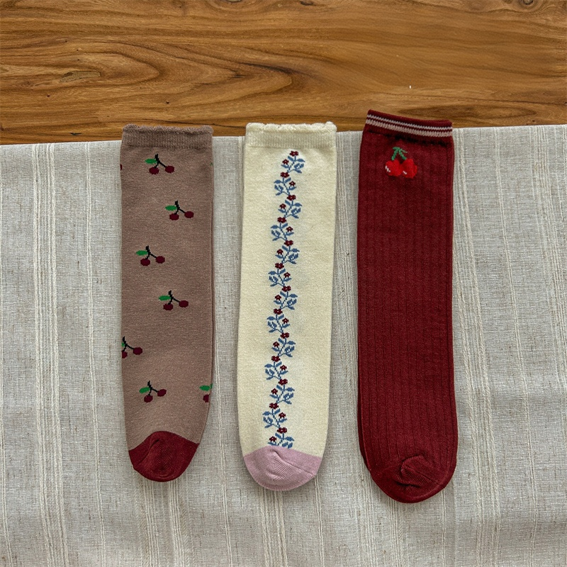 Kids Color Blocking Cherry Floral Knee-High Socks