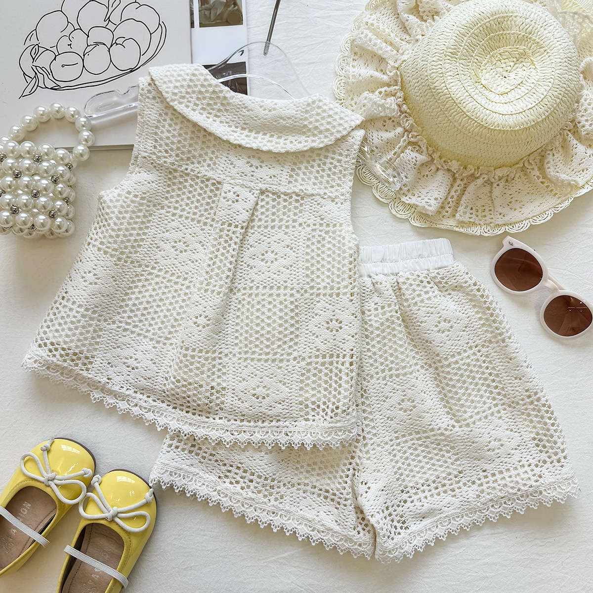 Kids Collar Openwork Lace Trim Bow Top and Pants Set