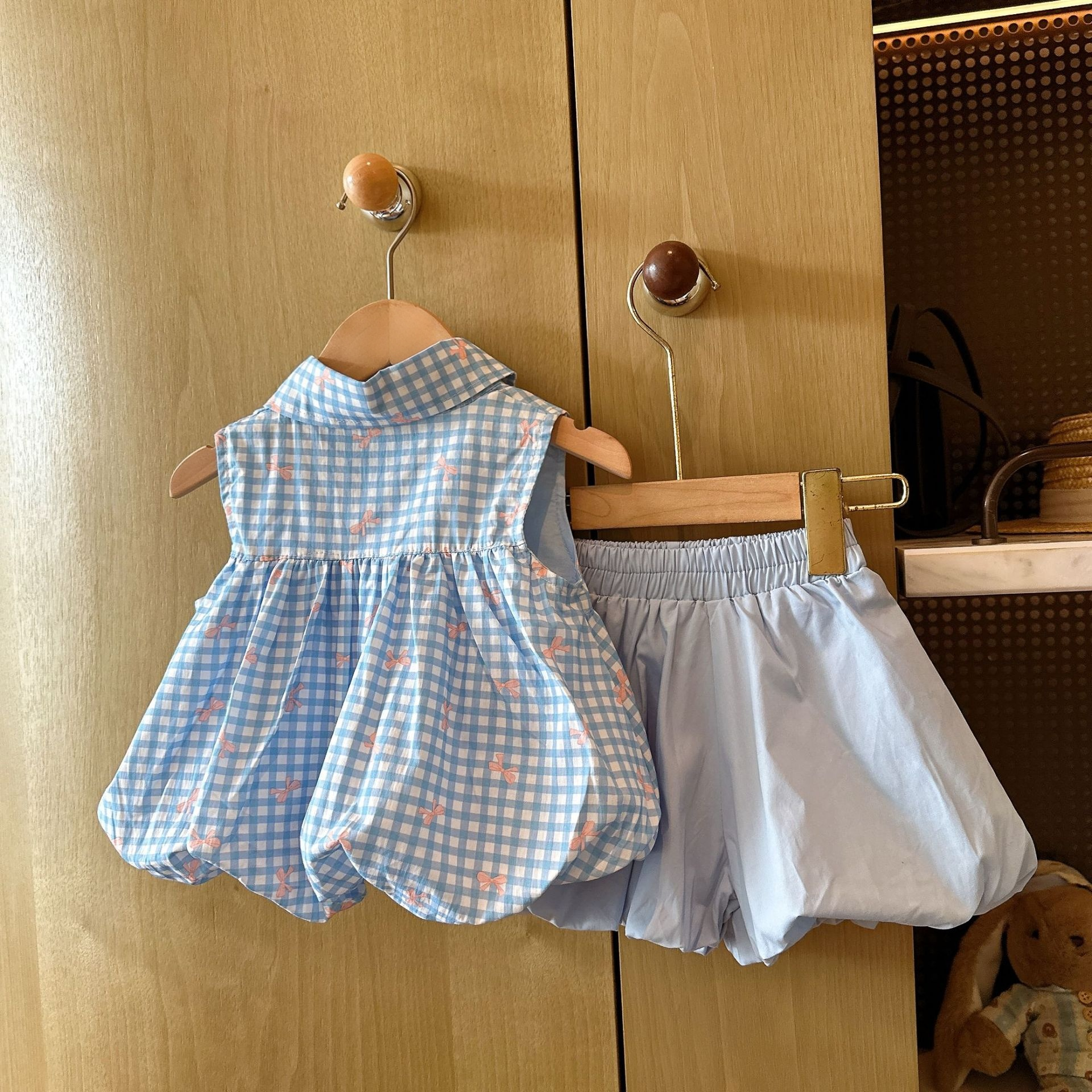 Kids Plaid Bow Pattern Tie Collar Top and Pants Set