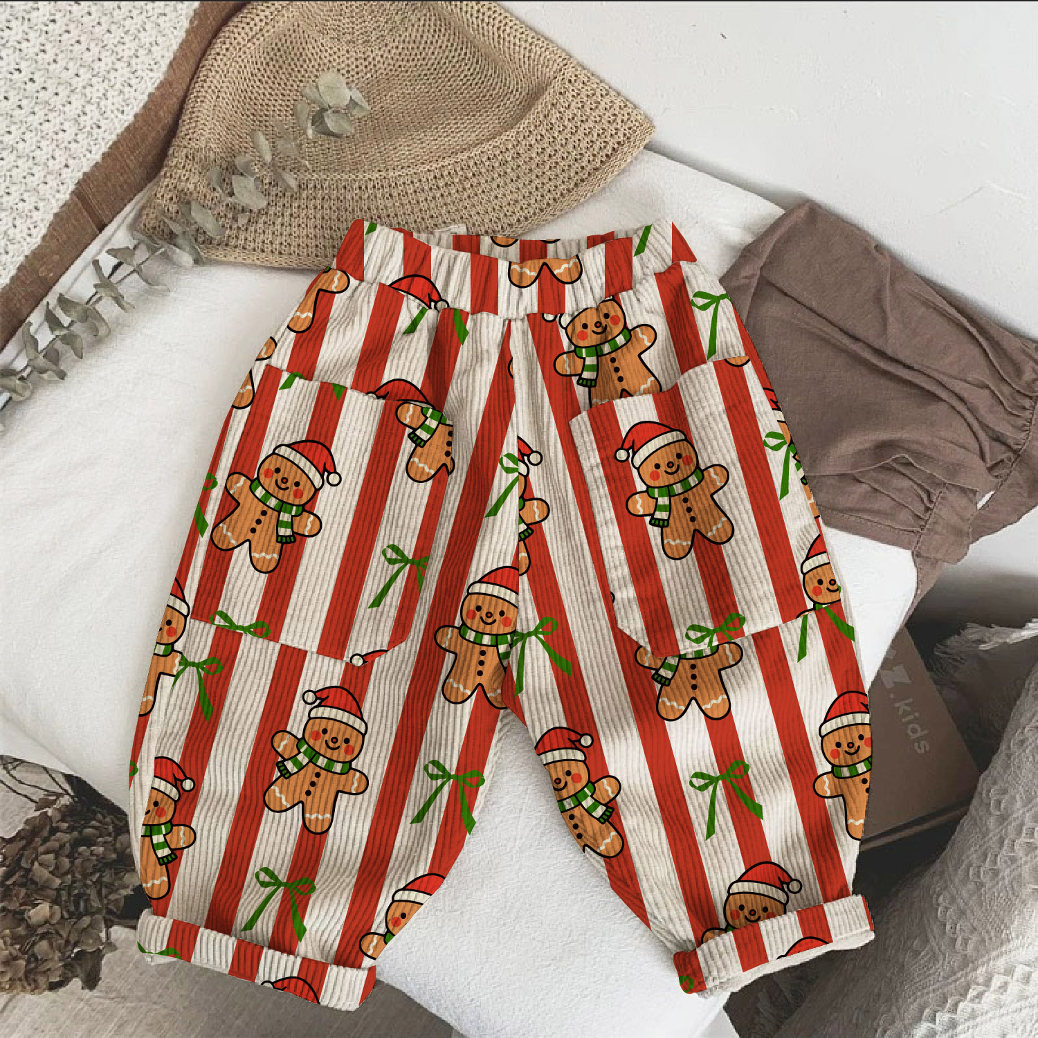 Baby & Kids Stripe Gingerbread Man Bow Corduroy Pants