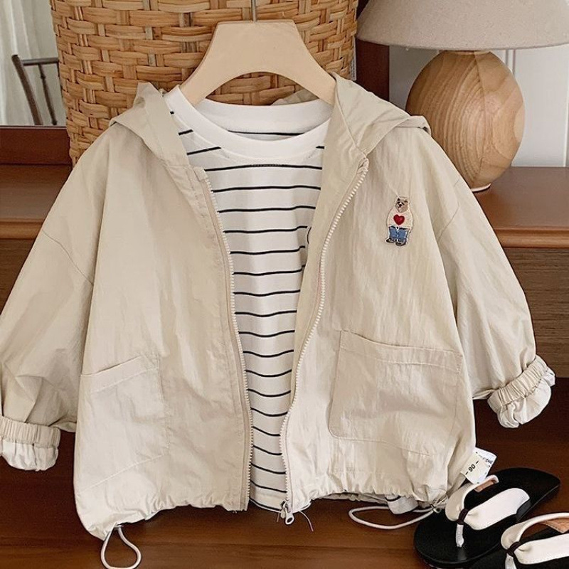 Kids Bear Embroidered Hooded Sun Protection Outerwear