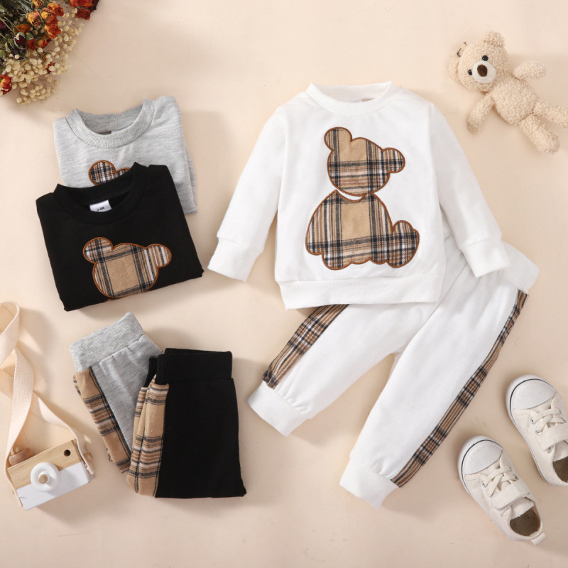 2-Piece Plaid Bear Baby Newborn Sweatshirt Set