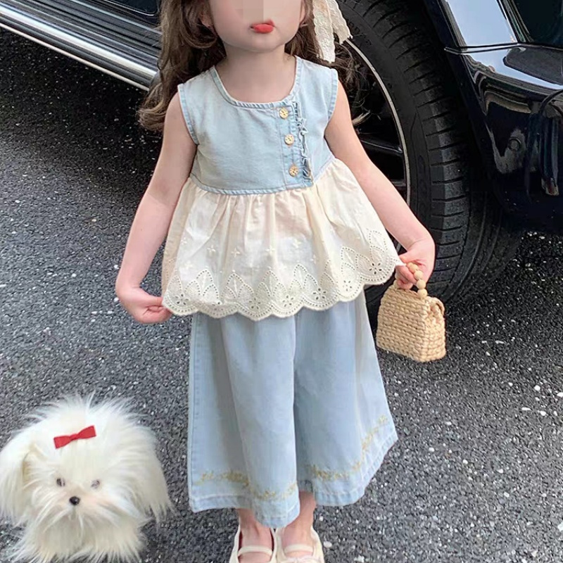 Baby Toddler Girls 2-Piece Lace Denim Patchwork Set