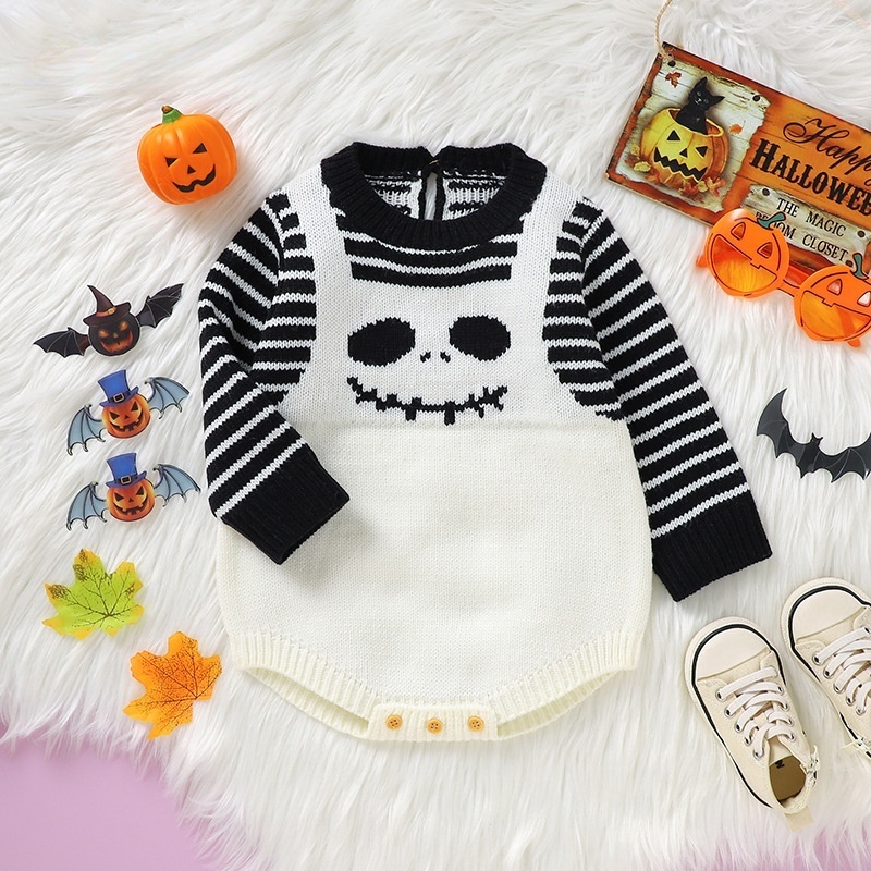 Baby Halloween Skull Print Striped Color Block Romper