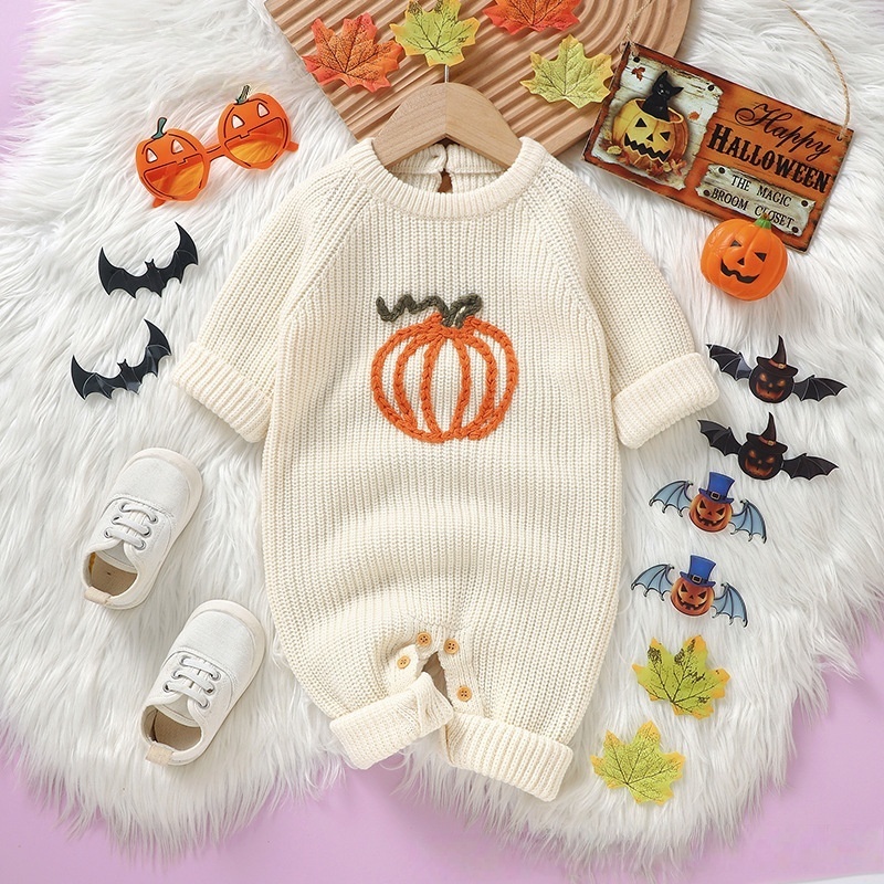 Baby Halloween Pumpkin Embroidered Sweater Rompers