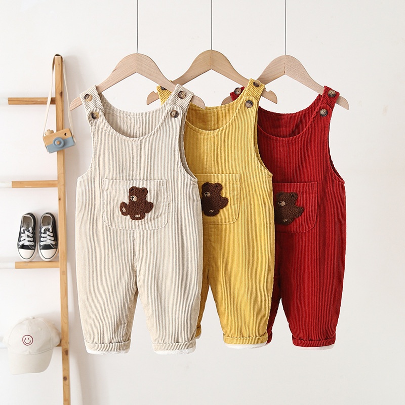 Baby Toddler Fleece-Lined Corduroy Bear-Print Overalls