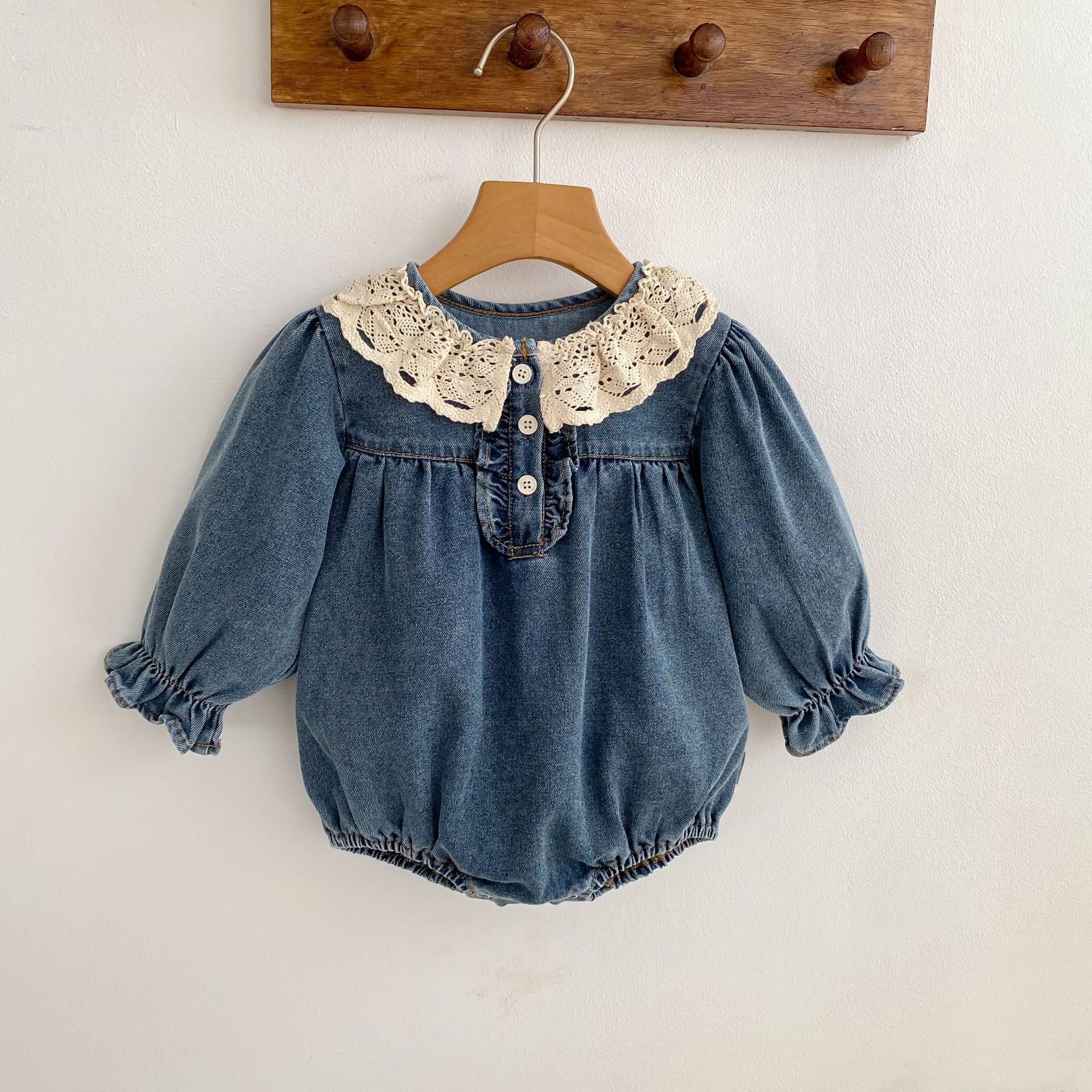 Lace-trimmed Peter Pan Collar Denim Romper