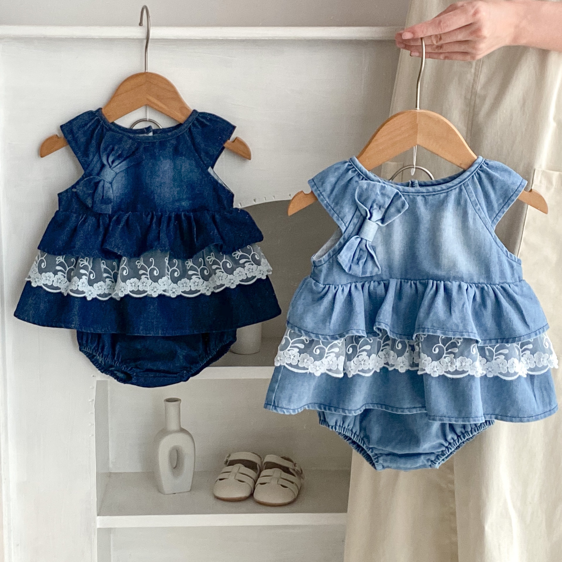 Baby Bow Tie Denim Dress and Shorts Set