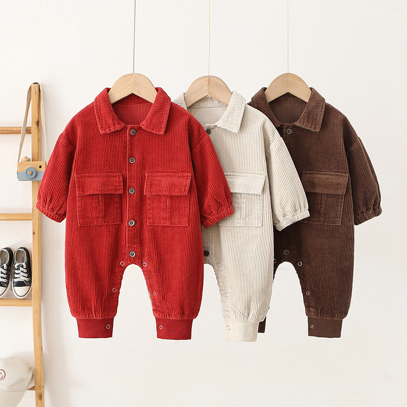 Baby Solid Color Corduroy Cargo Romper